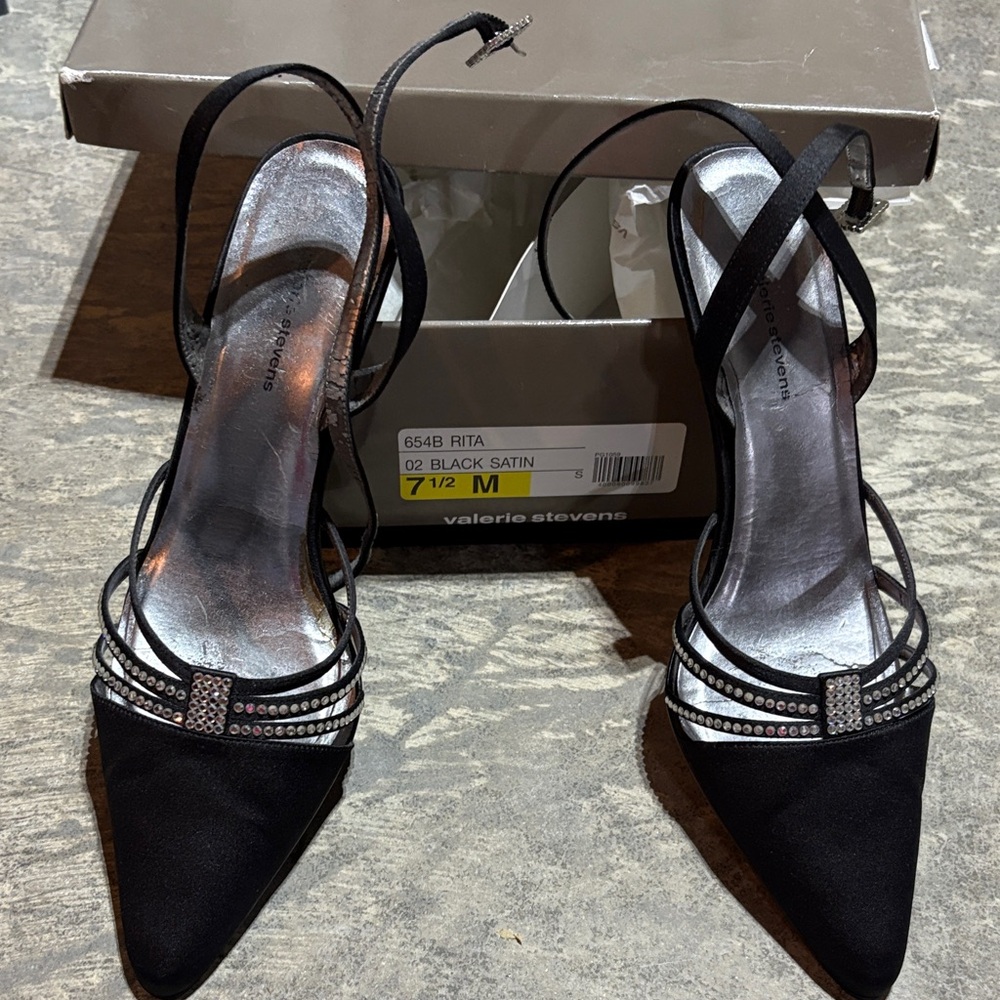 Valerie Stevens Black Satin Heels with Rhinestone Detail